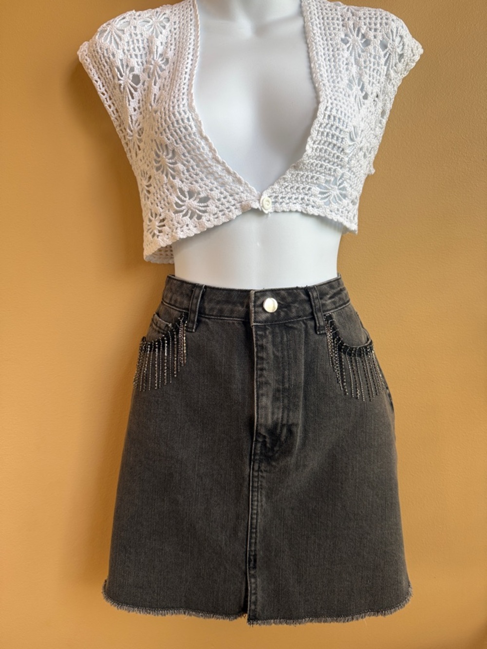 Harper Heritage Black Denim Midi Skirt with Chain Fringe Size Medium